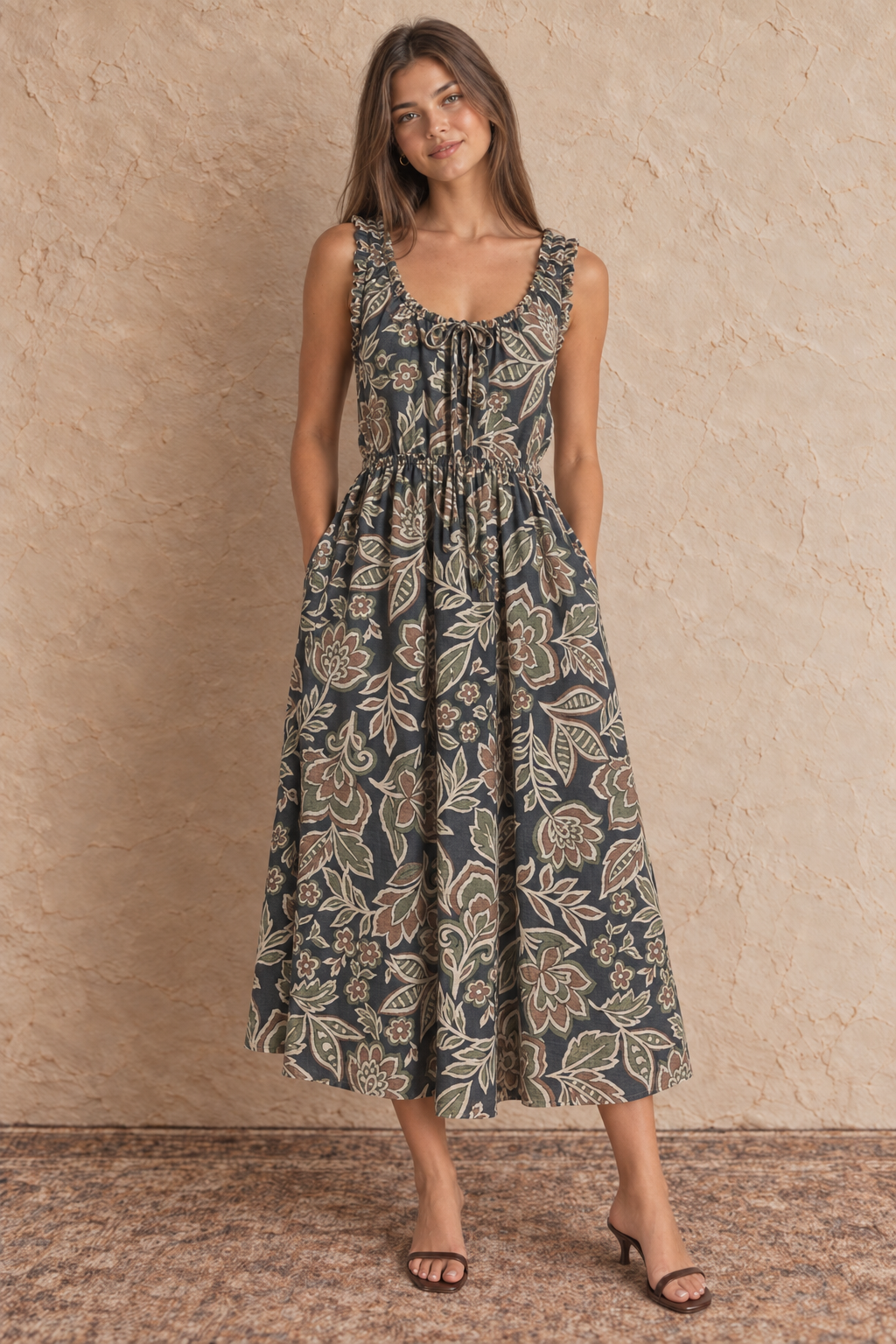 A woman modeling a sleeveless midi dress with a dark gray and beige floral block print pattern, standing against a textured beige wall.
