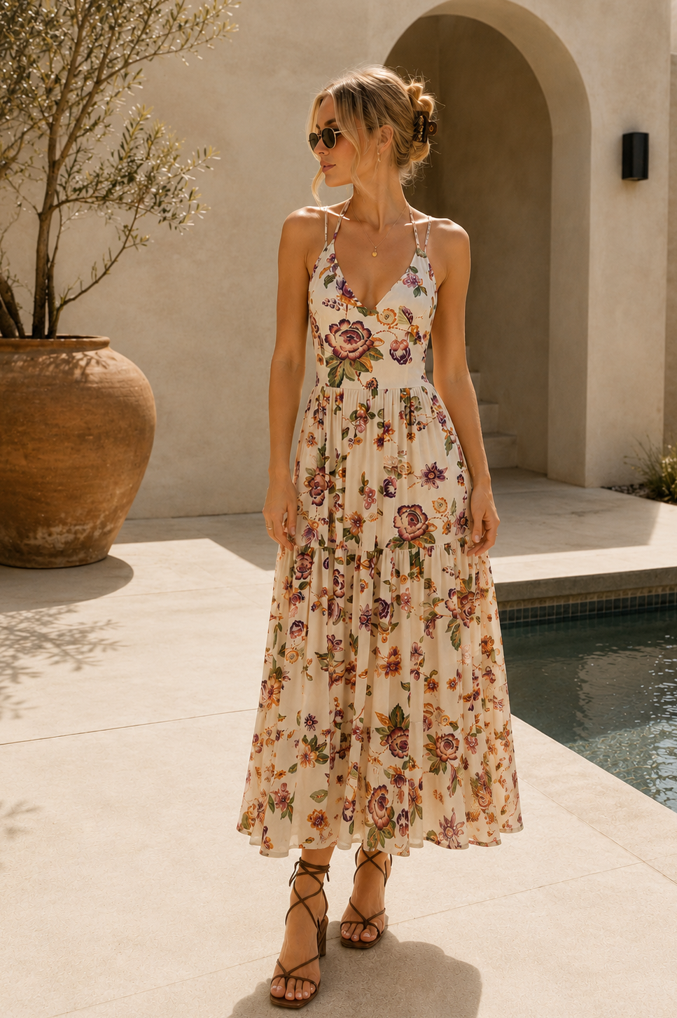 Woman in a floral dress standing by a poolside with a neutral background