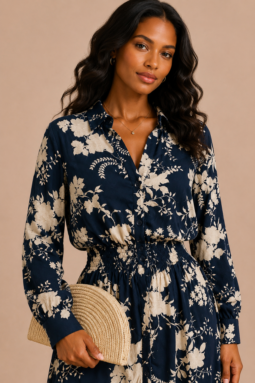 Woman wearing a navy floral dress holding a beige clutch against a beige background