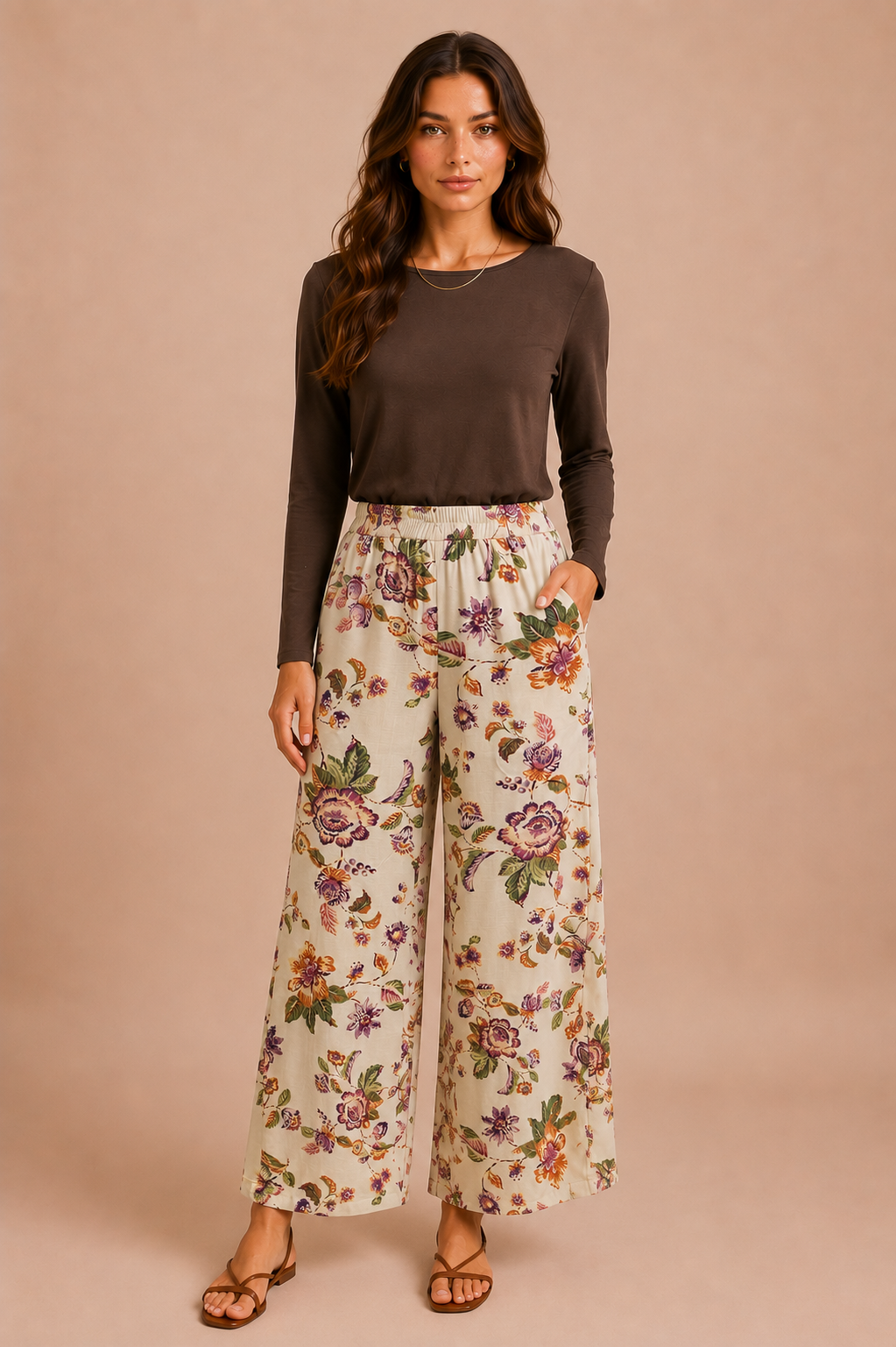 Woman wearing a brown long-sleeve top and floral wide-leg pants on a beige background