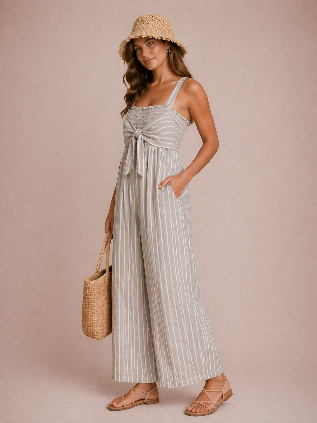 Woman wearing a striped jumpsuit with a straw hat and bag on a beige background