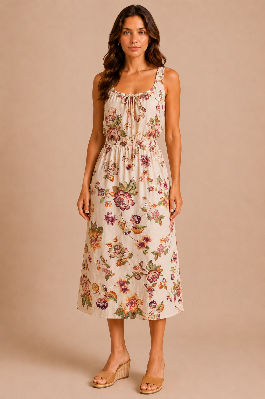 Woman wearing a floral dress against a beige background