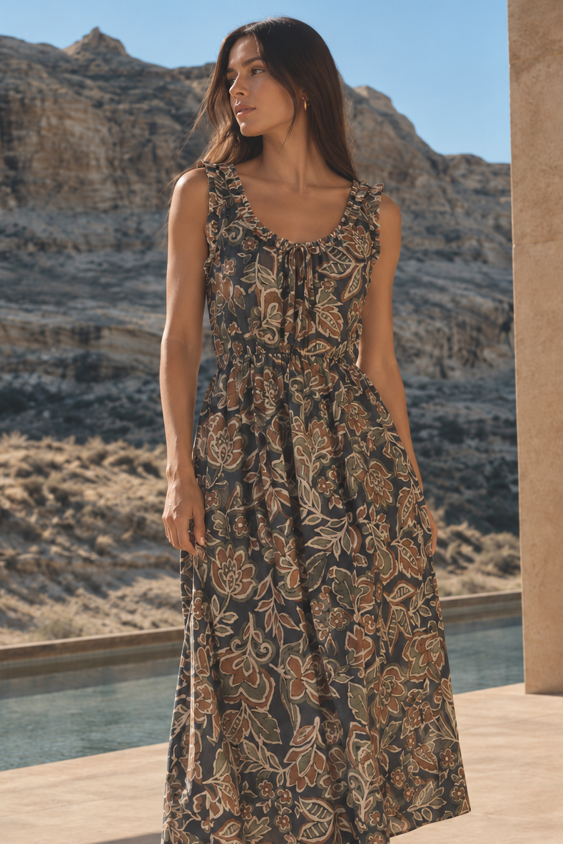A woman wearing a sleeveless midi dress with a brown and beige floral pattern on a dark background, standing on a patio with a desert landscape and pool in the background.