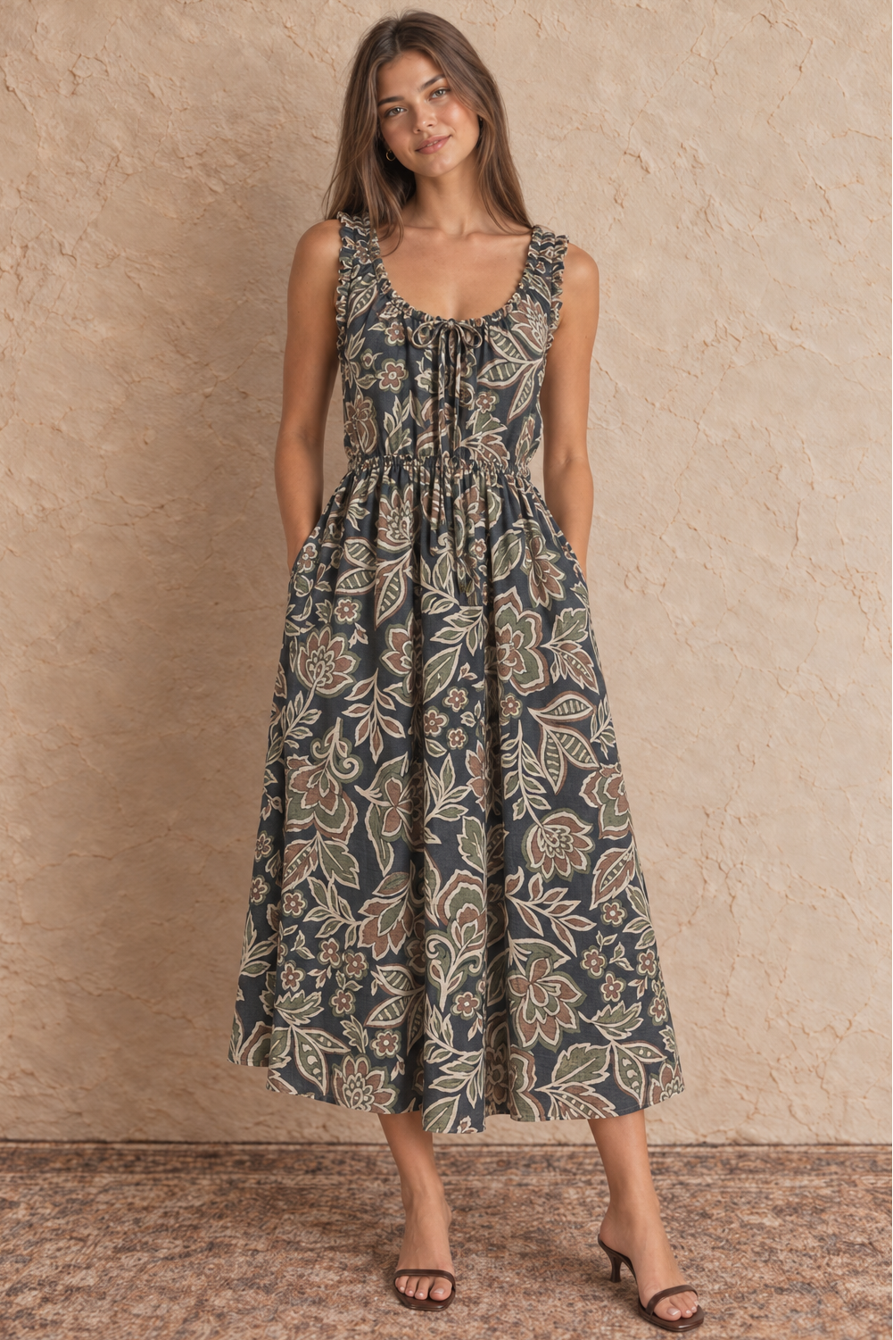 A woman modeling a sleeveless midi dress with a dark gray and beige floral block print pattern, standing against a textured beige wall.