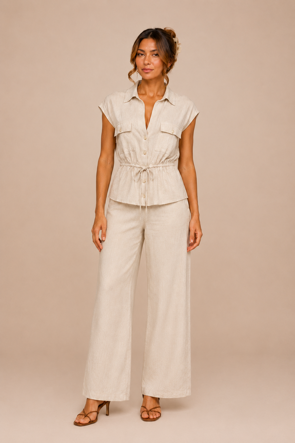 Woman wearing a beige outfit with wide-leg pants on a beige background