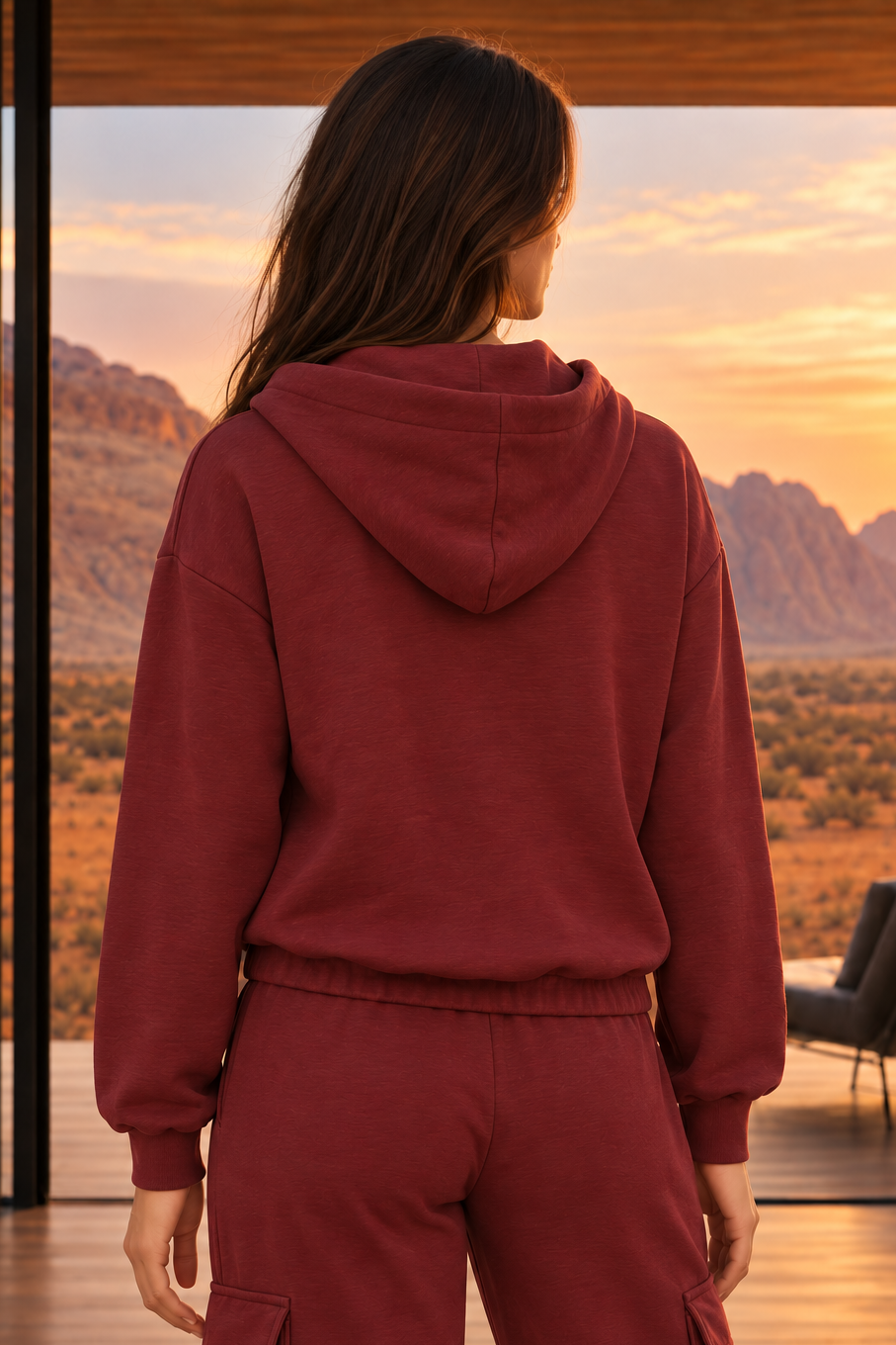 A woman viewed from behind wearing a matching rust-red hooded sweatshirt and cargo sweatpants, standing indoors with large windows overlooking a desert landscape at sunset.