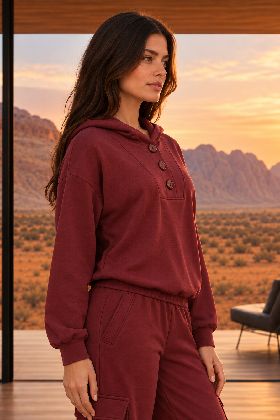 A woman wearing a matching burgundy hooded sweatshirt and cargo pants set stands indoors with large windows overlooking a desert landscape at sunset.