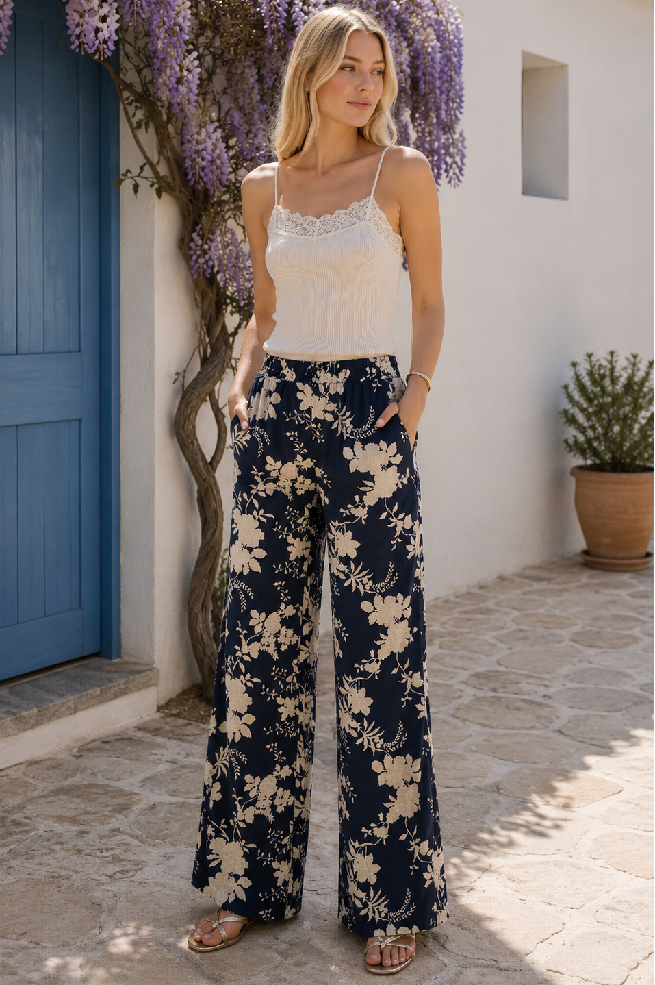 Woman in floral pants standing in front of a white building with a blue door and wisteria.
