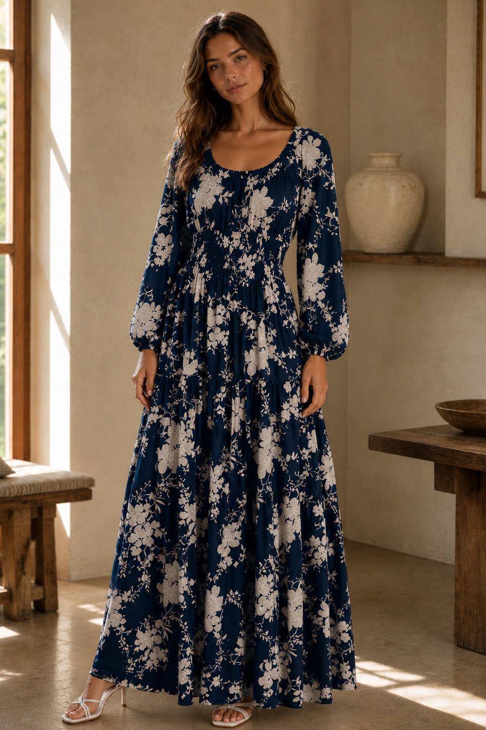A woman wearing a long-sleeve, floor-length navy blue maxi dress with a white floral print, standing in a warm, sunlit room with beige walls and rustic wooden furniture.