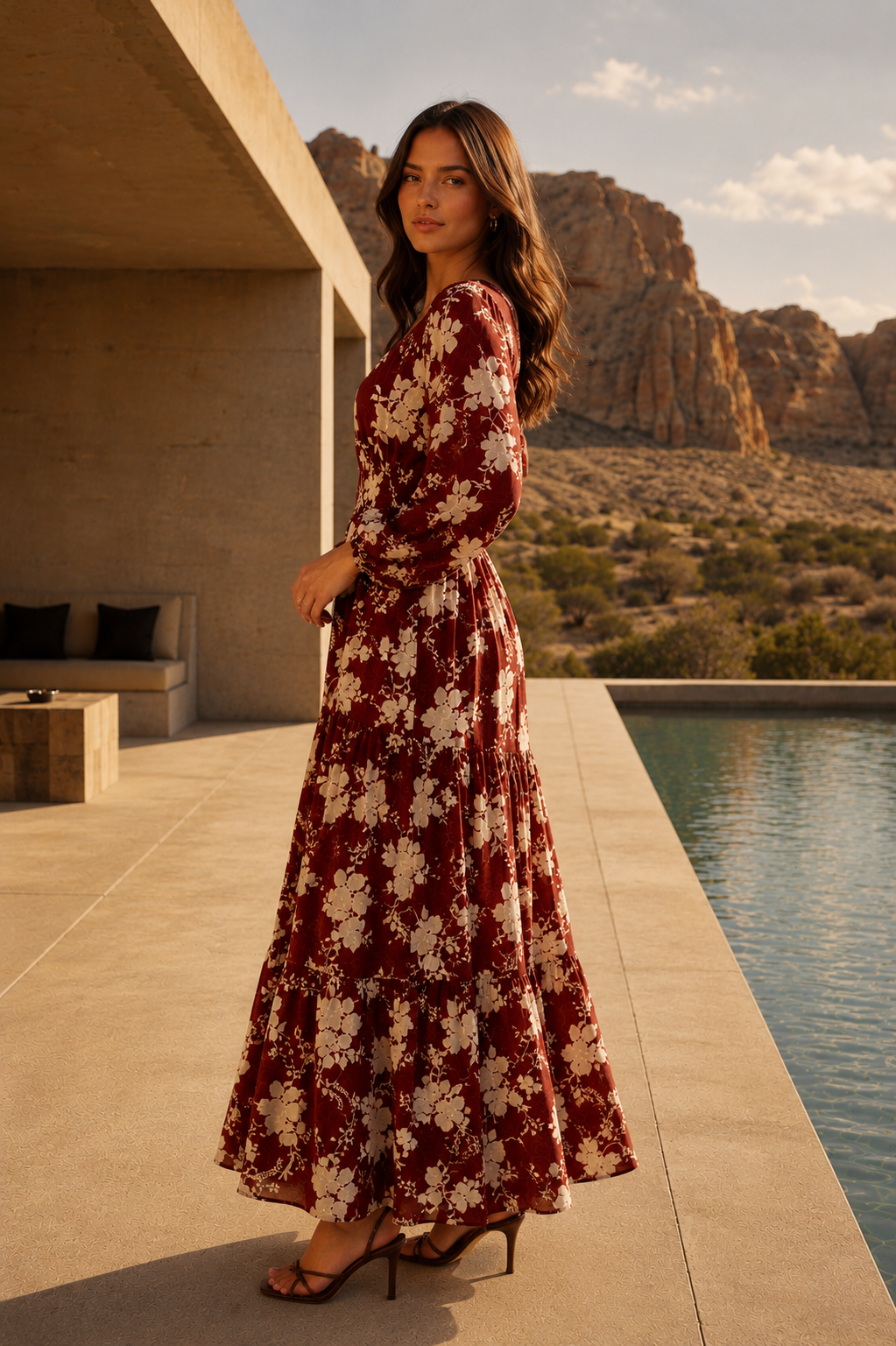 A woman stands by a pool at a modern outdoor pavilion wearing a long-sleeve, floor-length floral dress in burgundy and cream. Rock formations are visible in the background.