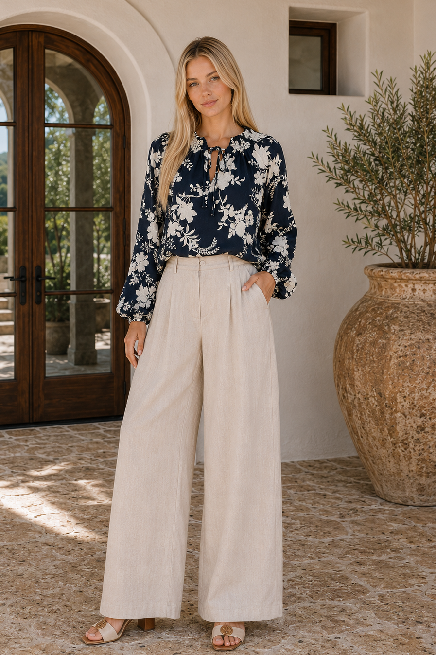 Woman wearing a navy floral blouse and beige wide-leg pants standing in a sunlit outdoor setting.